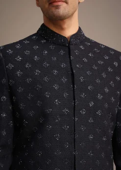 Blue Silk Indowestern Set With Cutdana Work