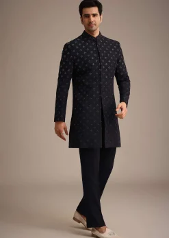 Blue Silk Indowestern Set With Cutdana Work