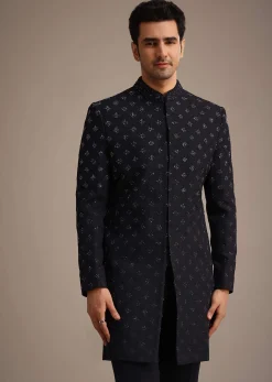 Blue Silk Indowestern Set With Cutdana Work