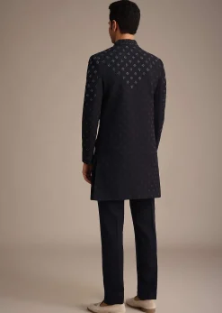 Blue Silk Indowestern Set With Cutdana Work