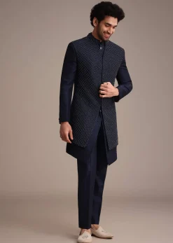 Blue Silk Indowestern Set With Embroidery