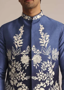 Blue Silk Jacket Set With Dori Work