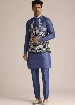 Blue Silk Jacket Set With Dori Work