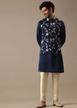 Blue Silk Kurta And Floral Bundi Set