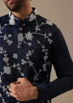 Blue Silk Kurta And Floral Bundi Set