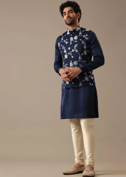 Blue Silk Kurta And Floral Bundi Set