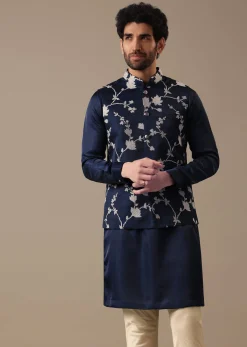 Blue Silk Kurta And Floral Bundi Set