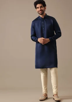 Blue Silk Kurta And Floral Bundi Set