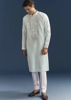 Blue Silk Kurta Set For Men With Mirror Embroidery