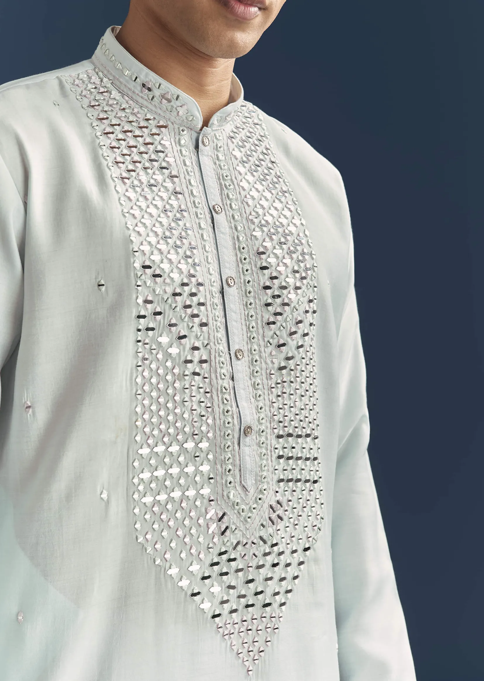 Blue Silk Kurta Set For Men With Mirror Embroidery