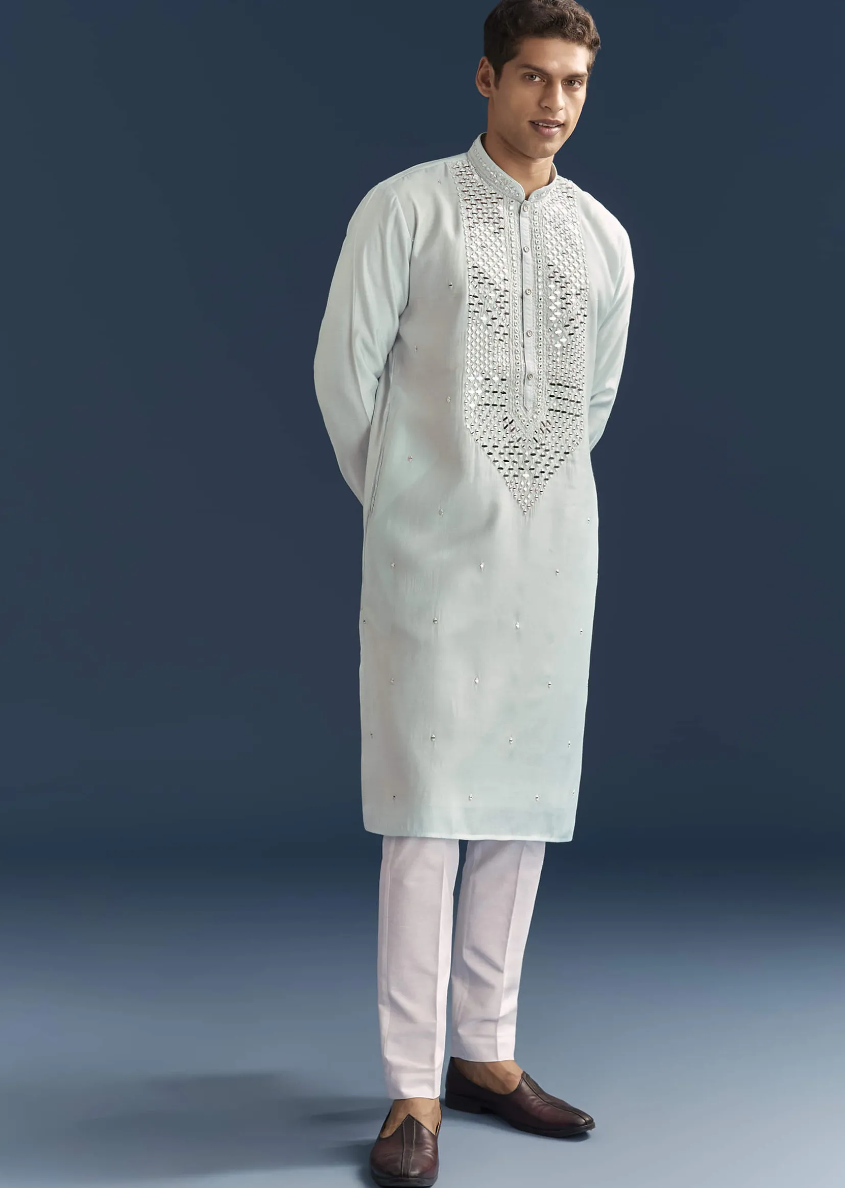 Blue Silk Kurta Set For Men With Mirror Embroidery