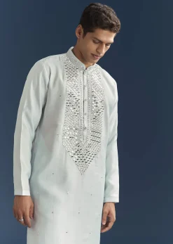Blue Silk Kurta Set For Men With Mirror Embroidery