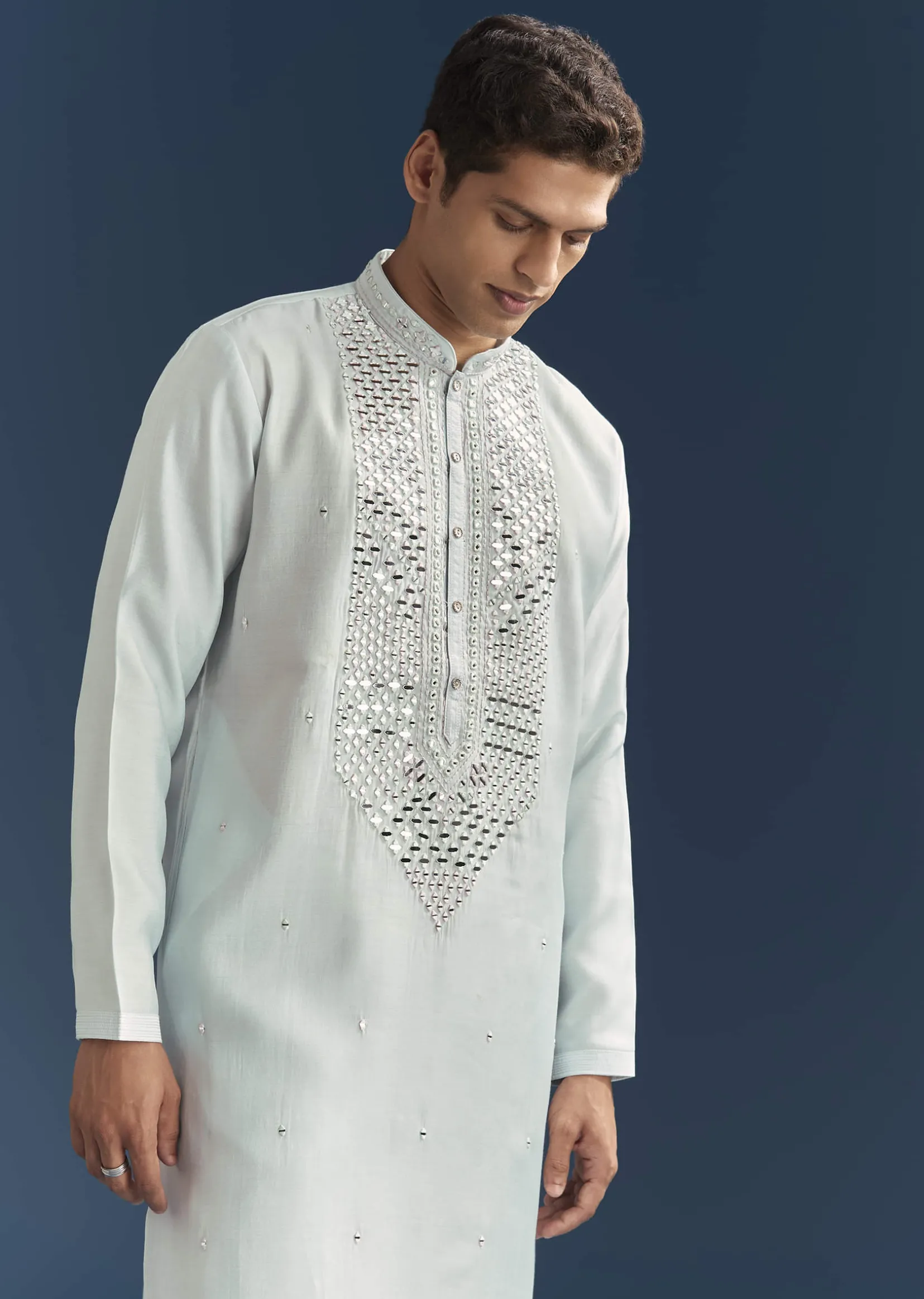 Blue Silk Kurta Set For Men With Mirror Embroidery