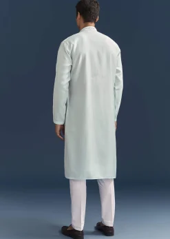 Blue Silk Kurta Set For Men With Mirror Embroidery