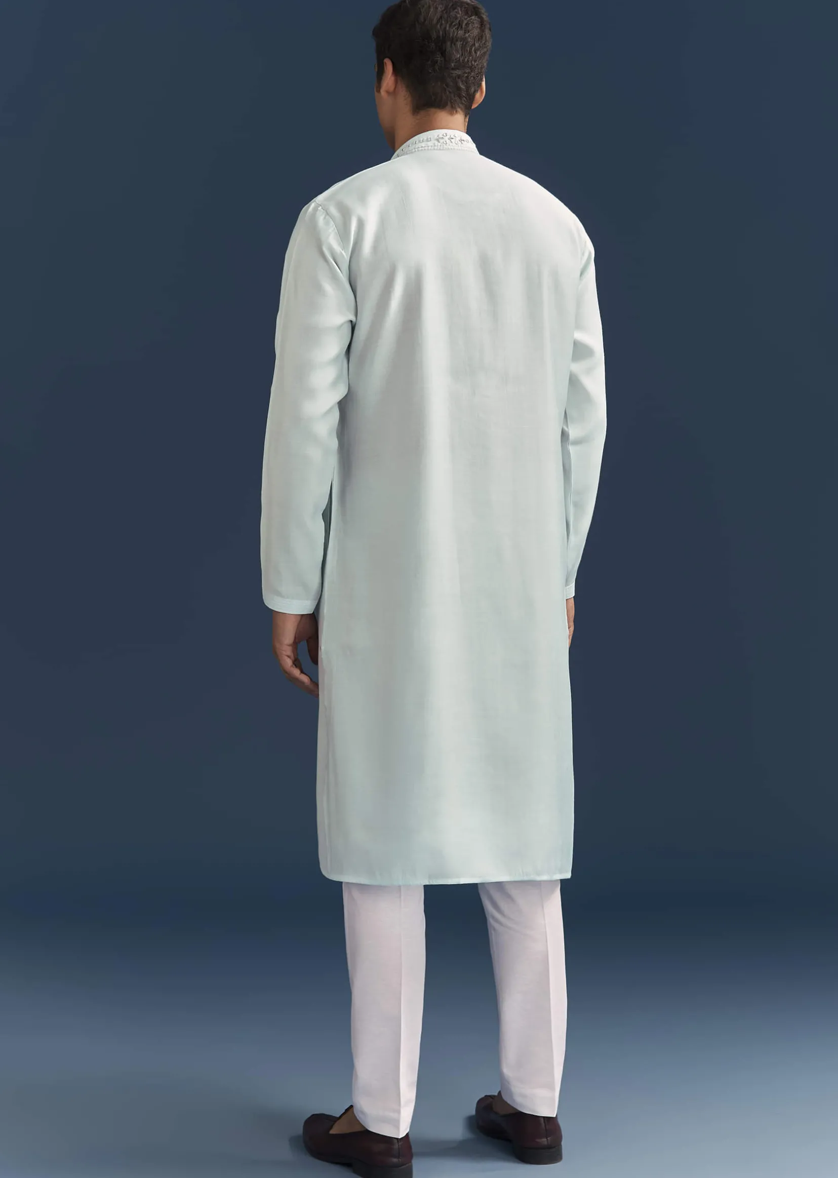 Blue Silk Kurta Set For Men With Mirror Embroidery