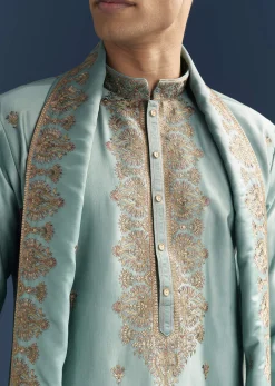 Blue Silk Kurta Set For Men With Thread Embroidery