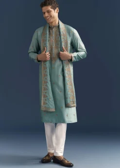 Blue Silk Kurta Set For Men With Thread Embroidery