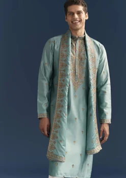 Blue Silk Kurta Set For Men With Thread Embroidery