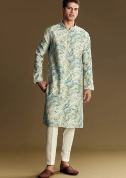 Blue Silk Kurta Set With Floral And Foil Print