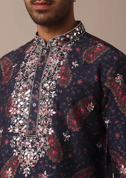 Blue Silk Kurta Set With Intricate Thread And Mirror Work Embroidery