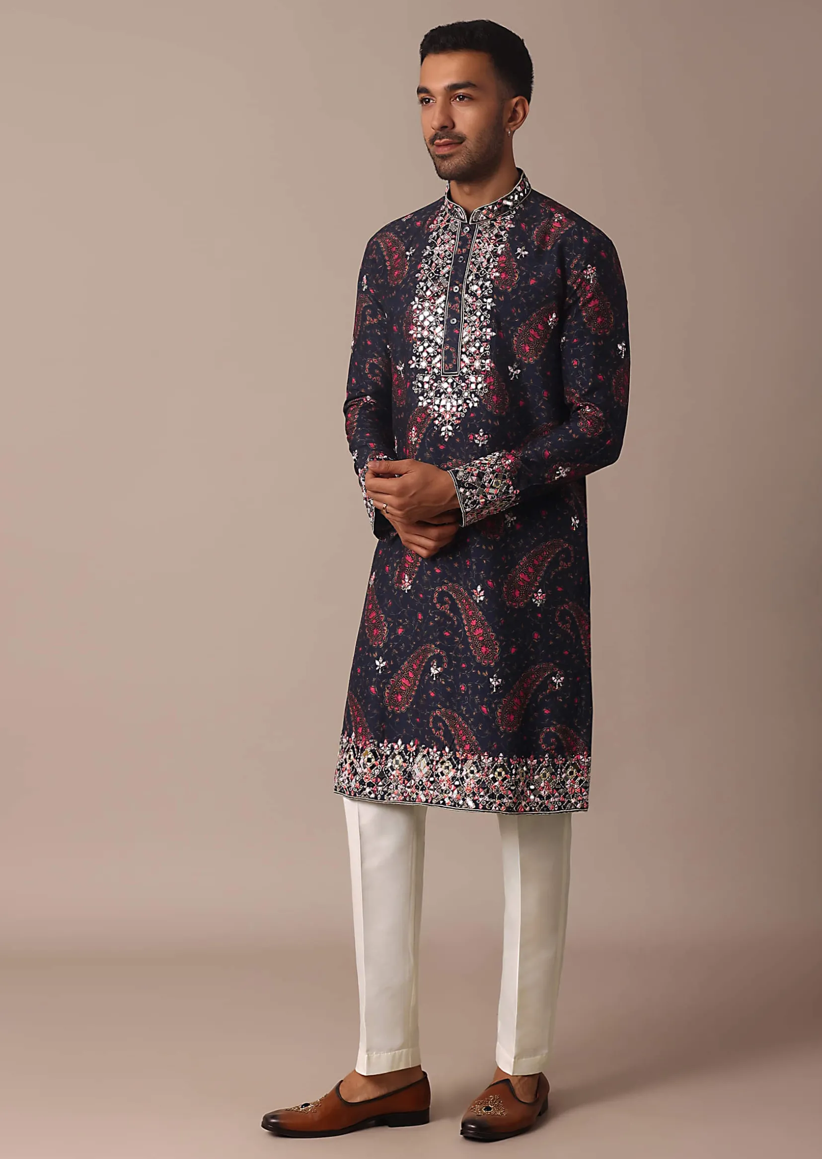 Blue Silk Kurta Set With Intricate Thread And Mirror Work Embroidery