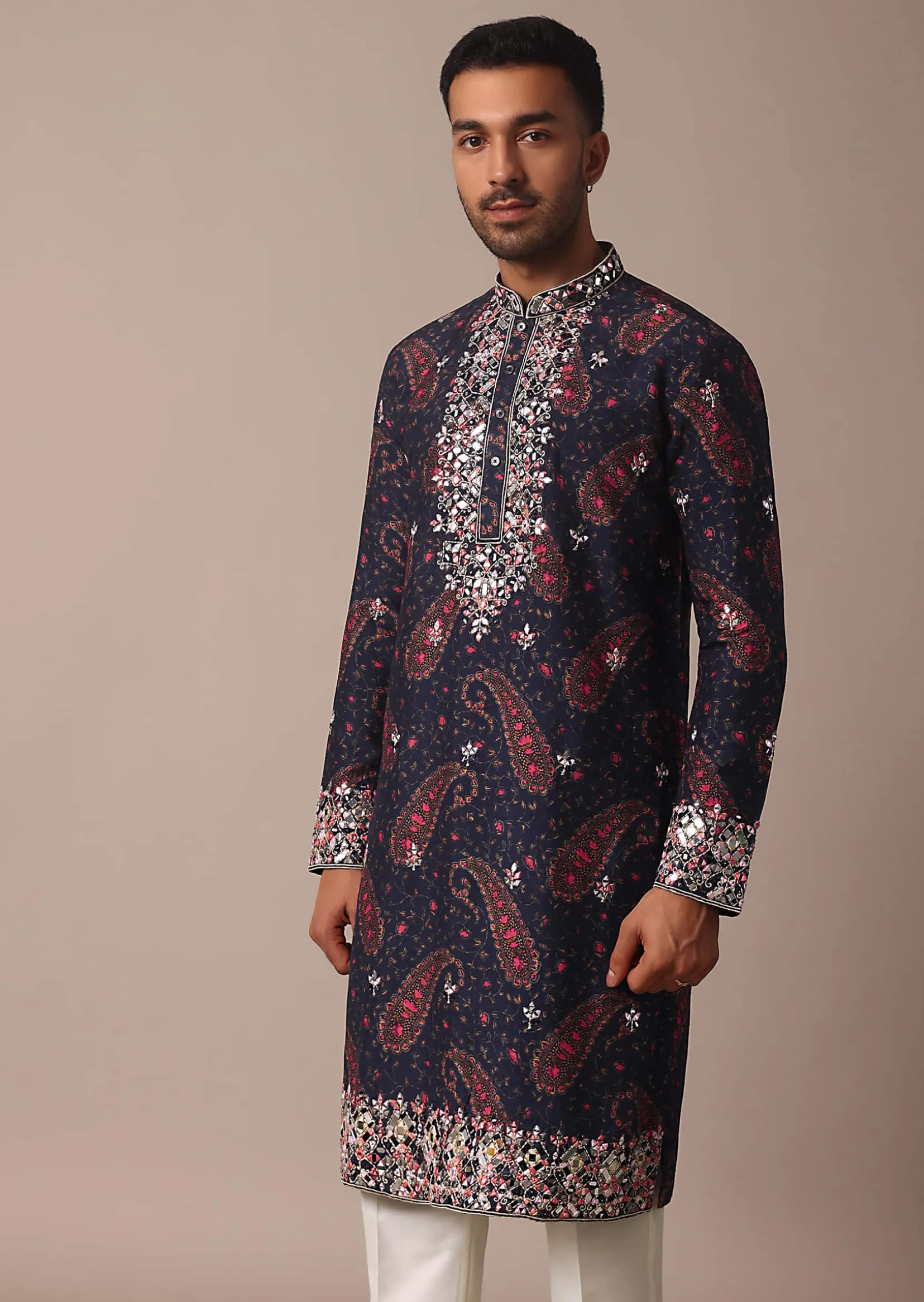 Blue Silk Kurta Set With Intricate Thread And Mirror Work Embroidery