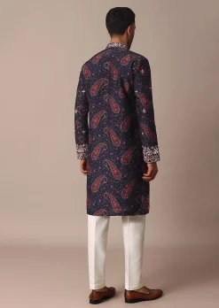 Blue Silk Kurta Set With Intricate Thread And Mirror Work Embroidery
