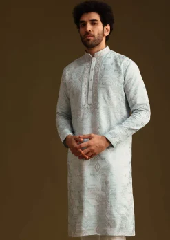 Blue Silk Mandarin Collar Kurta Set With Embroidered Yoke
