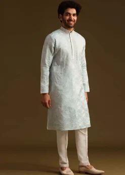 Blue Silk Mandarin Collar Kurta Set With Embroidered Yoke