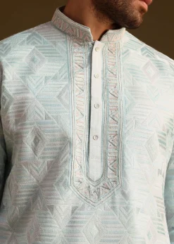 Blue Silk Mandarin Collar Kurta Set With Embroidered Yoke