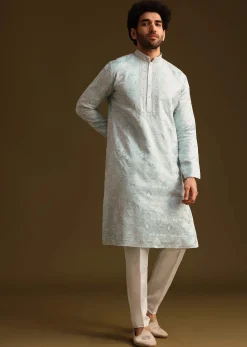 Blue Silk Mandarin Collar Kurta Set With Embroidered Yoke