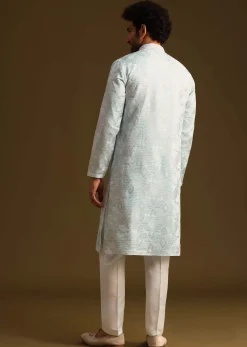 Blue Silk Mandarin Collar Kurta Set With Embroidered Yoke