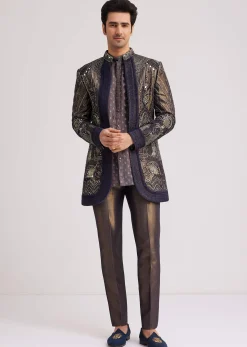 Blue Silk Open Sherwani Set With Zardosi And Mirror Work
