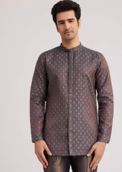 Blue Silk Open Sherwani Set With Zardosi And Mirror Work