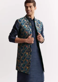 Blue Silk Printed Jacket Kurta Set With Floral Motifs