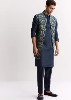 Blue Silk Printed Jacket Kurta Set With Floral Motifs