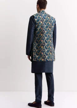 Blue Silk Printed Jacket Kurta Set With Floral Motifs