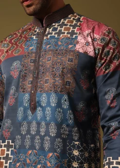 Blue Silk Printed Kurta Pyjama For Men