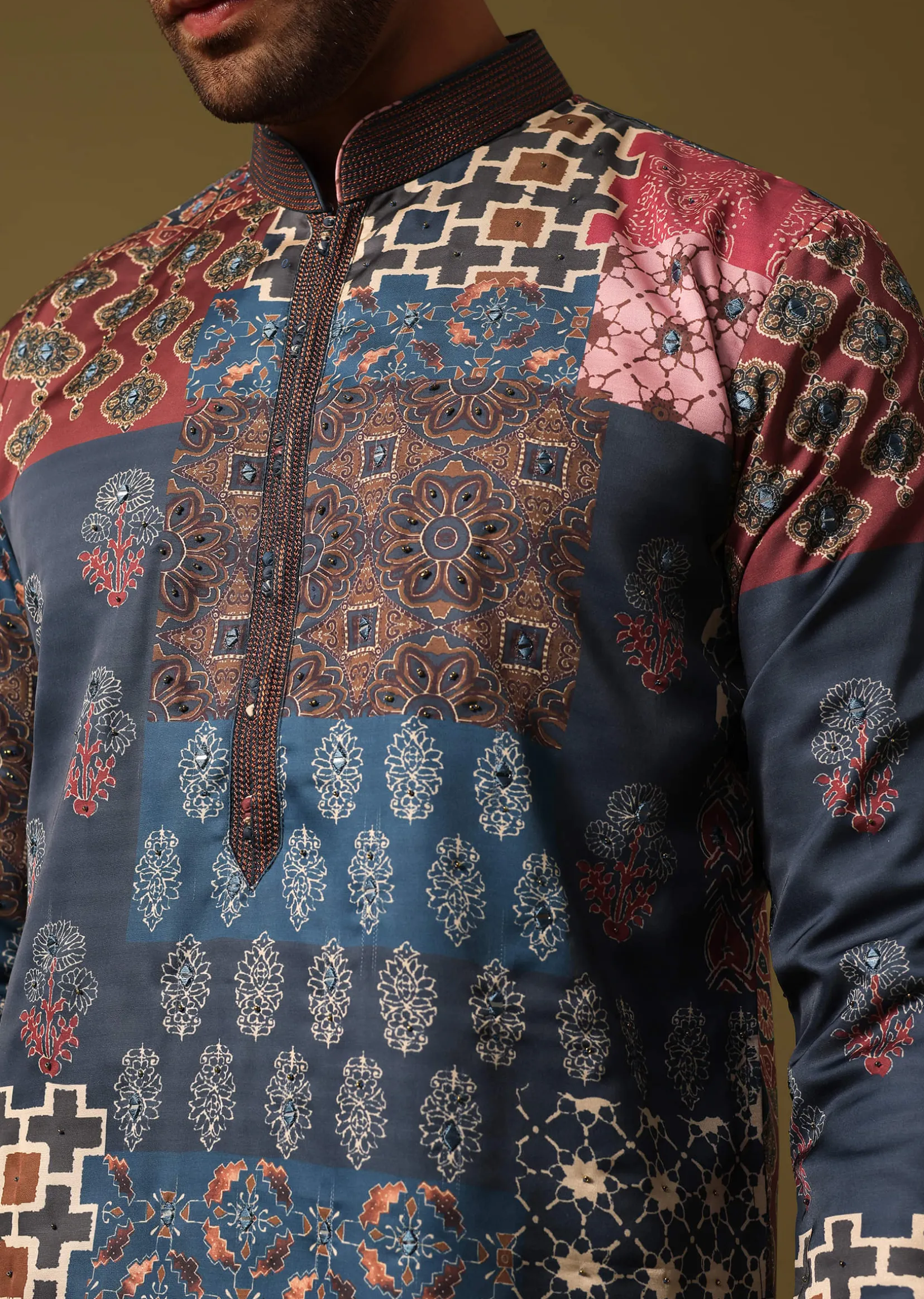 Blue Silk Printed Kurta Pyjama For Men