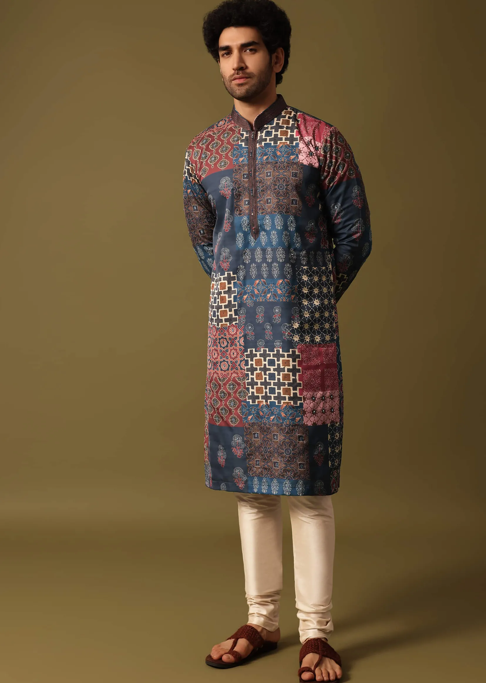 Blue Silk Printed Kurta Pyjama For Men