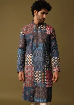 Blue Silk Printed Kurta Pyjama For Men