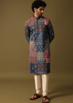 Blue Silk Printed Kurta Pyjama For Men