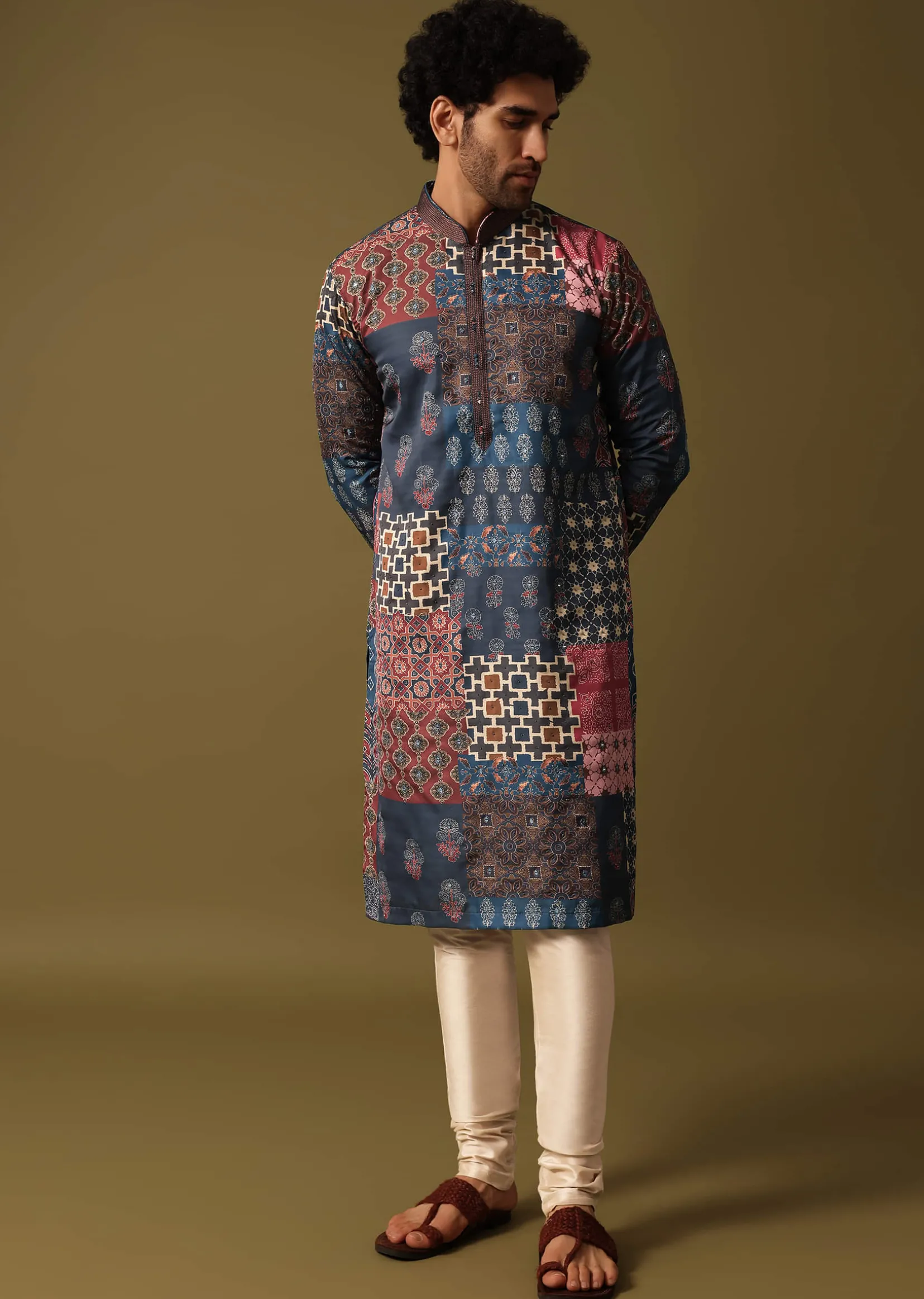 Blue Silk Printed Kurta Pyjama For Men