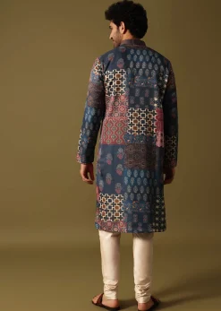 Blue Silk Printed Kurta Pyjama For Men