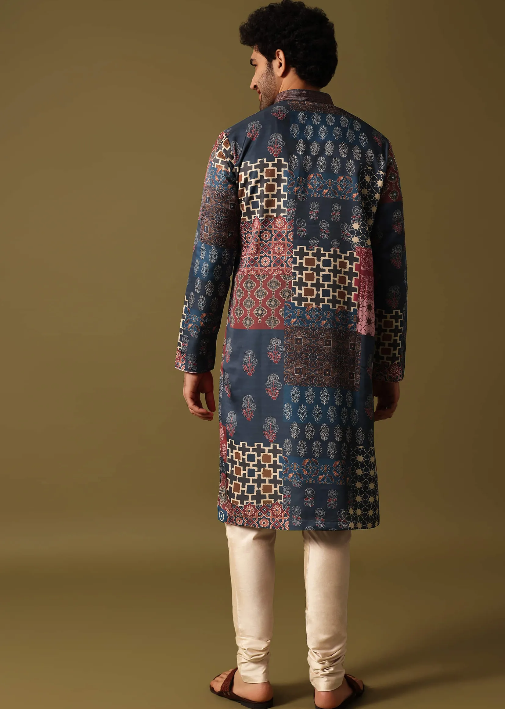 Blue Silk Printed Kurta Pyjama For Men