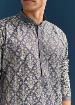 Blue Silk Printed Kurta Set For Men With Thread Embroidery
