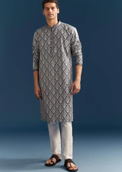 Blue Silk Printed Kurta Set For Men With Thread Embroidery