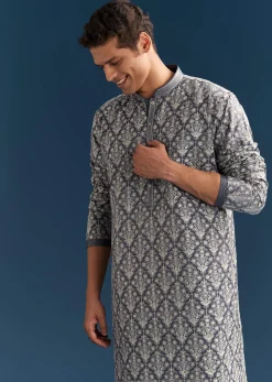 Blue Silk Printed Kurta Set For Men With Thread Embroidery