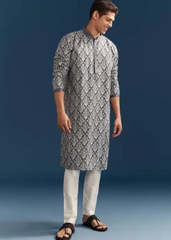 Blue Silk Printed Kurta Set For Men With Thread Embroidery
