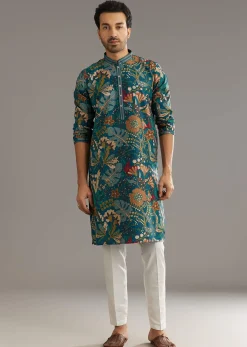 Blue Silk Printed Kurta Set With Stone Embellishment